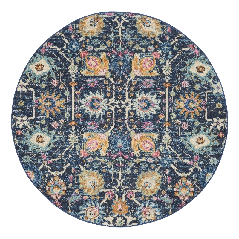 Pemberly Row Transitional 4' Round Navy Fabric Bohemian Area Rug