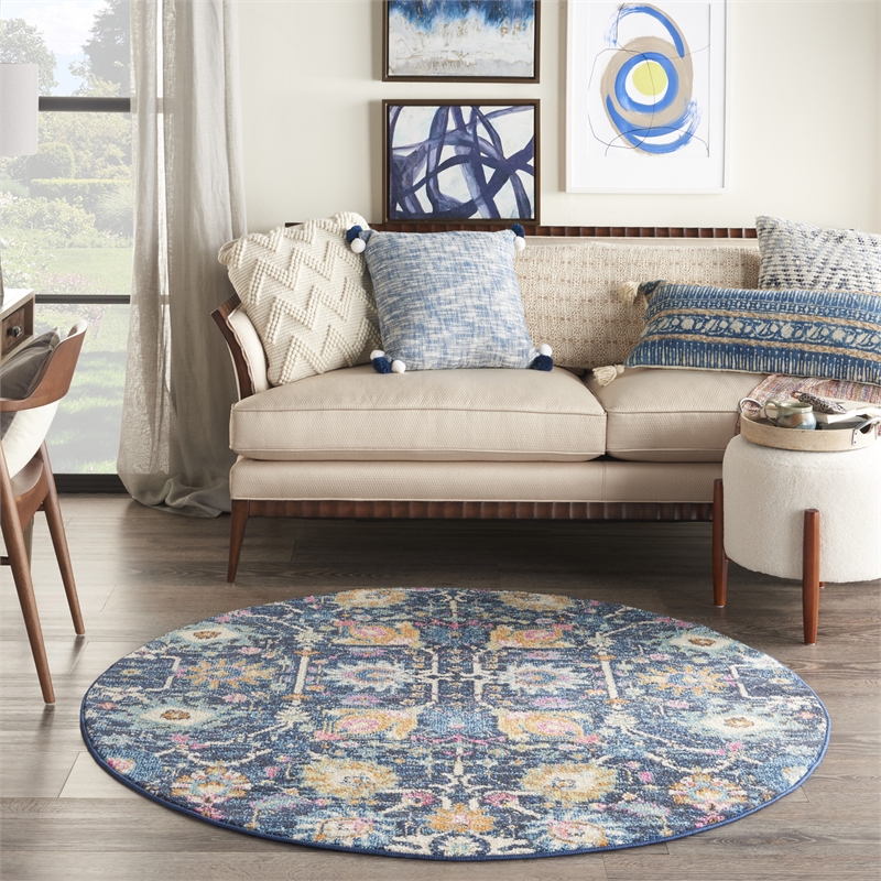Pemberly Row Transitional 4' Round Navy Fabric Bohemian Area Rug