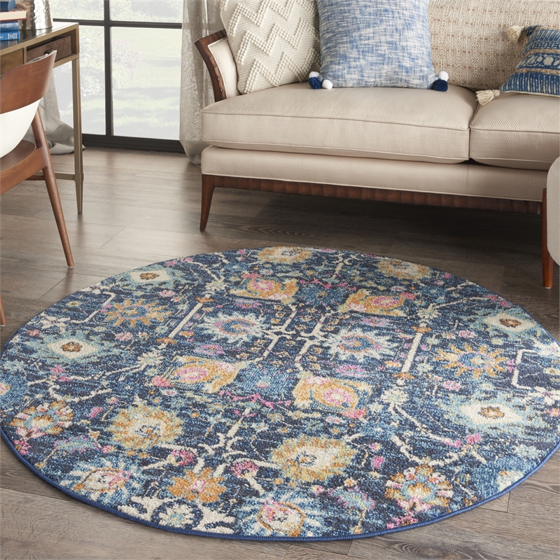 Pemberly Row Transitional 4' Round Navy Fabric Bohemian Area Rug