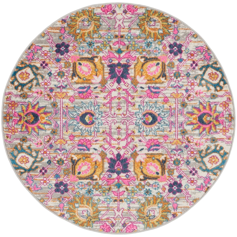Pemberly Row 4' Round Pink and Gray Fabric Bohemian Area Rug