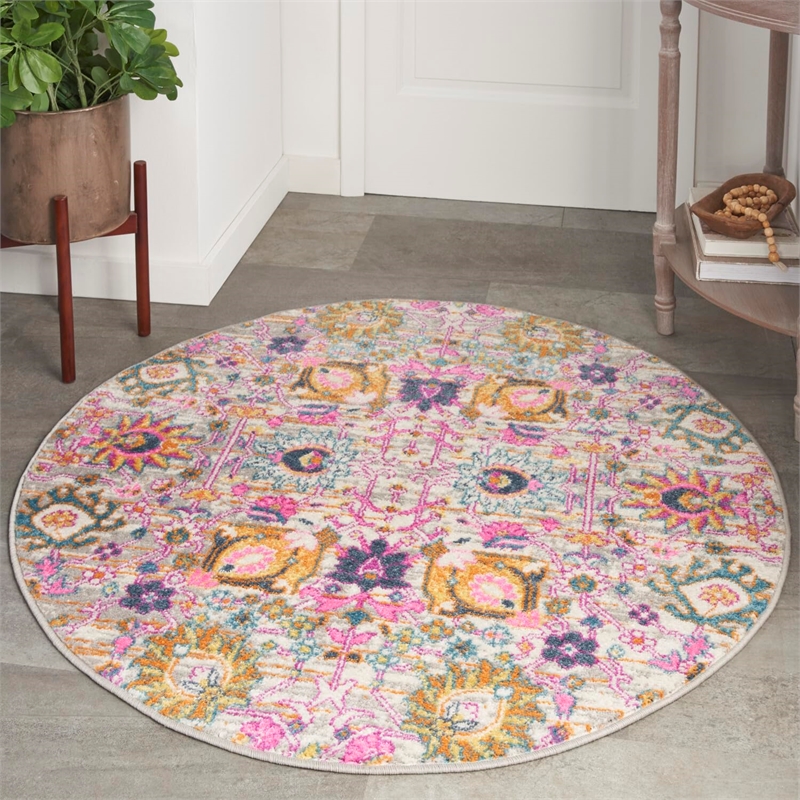 Pemberly Row 4' Round Pink and Gray Fabric Bohemian Area Rug