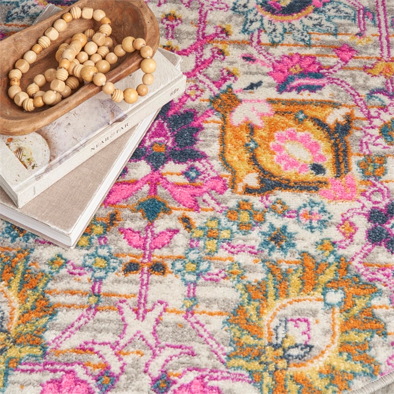 Pemberly Row 4' Round Pink and Gray Fabric Bohemian Area Rug