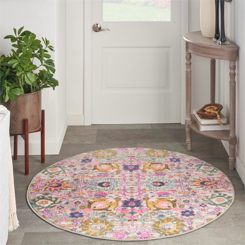 Pemberly Row 4' Round Pink and Gray Fabric Bohemian Area Rug