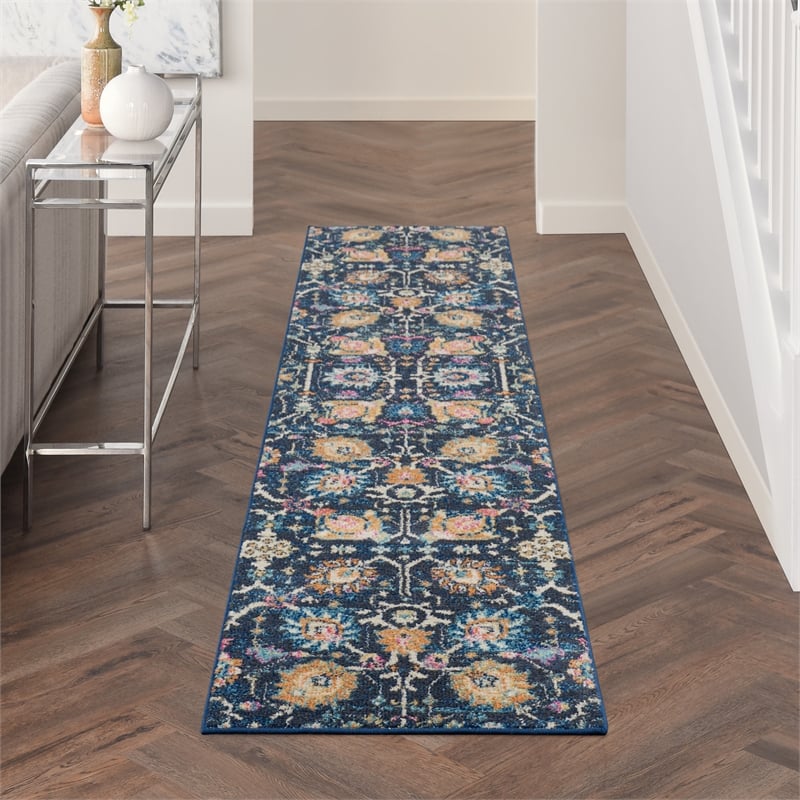 Pemberly Row Transitional 10' Runner Navy Fabric Bohemian Area Rug