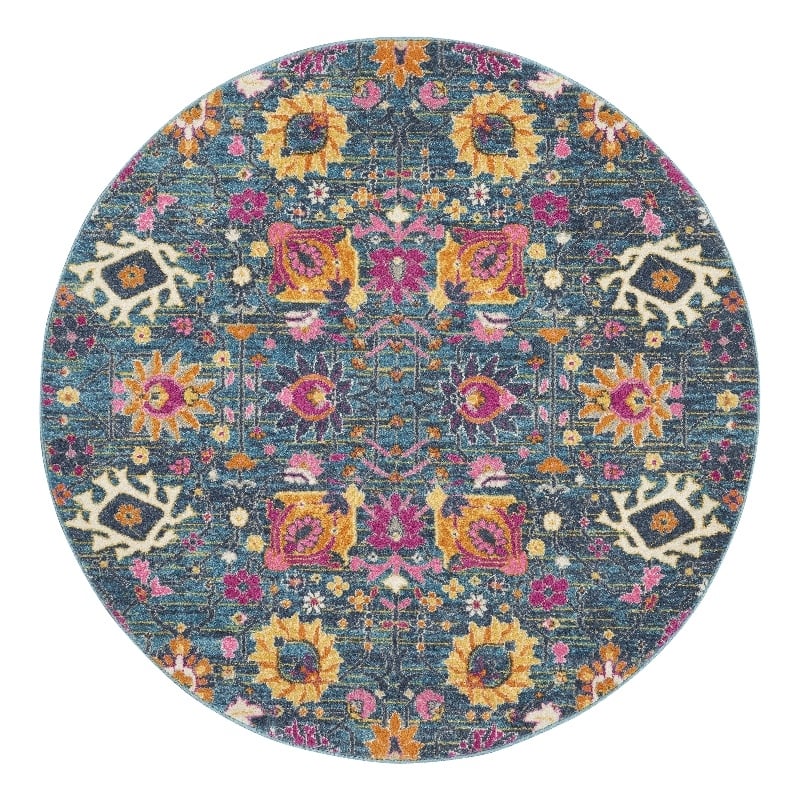 Pemberly Row Transitional 4' Round Denim Fabric Bohemian Area Rug