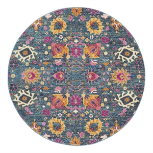 Pemberly Row Transitional 4' Round Denim Fabric Bohemian Area Rug