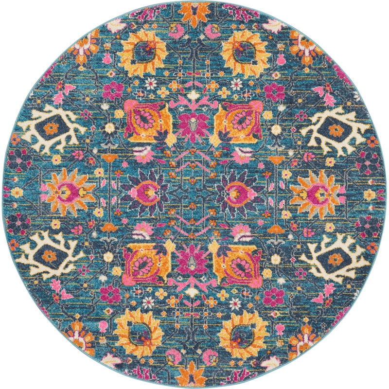Pemberly Row Transitional 4' Round Denim Fabric Bohemian Area Rug
