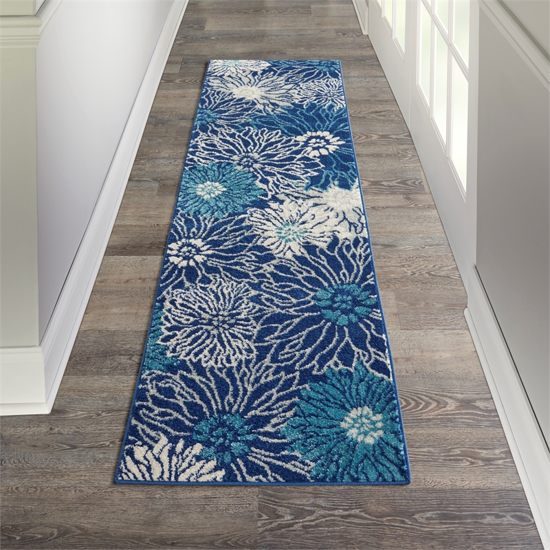 Pemberly Row 8' Runner Navy Ivory Fabric Contemporary Area Rug