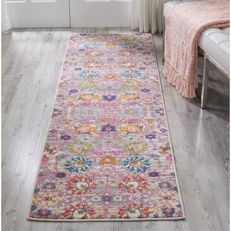 Pemberly Row 8' Runner Pink and Gray Fabric Bohemian Area Rug