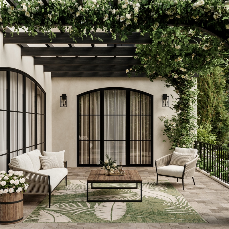 Pemberly Row Contemporary Home 10'x14' Fabric Green Ivory Area Rug