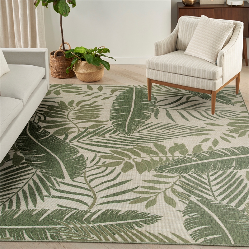 Pemberly Row Contemporary Home 10'x14' Fabric Ivory Green Area Rug