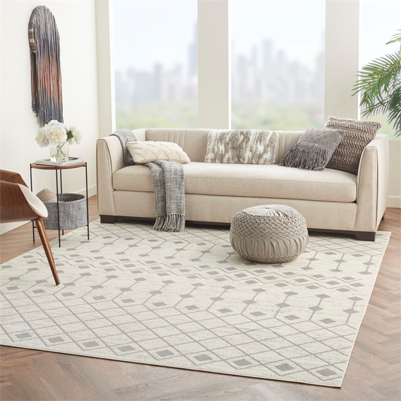 Pemberly Row Transitional Home 9'x12' Fabric Ivory Grey Area Rug