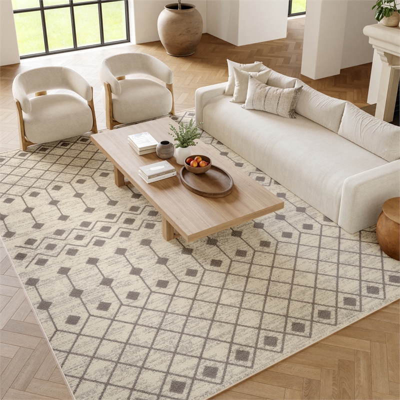 Pemberly Row Transitional Home 9'x12' Fabric Ivory Grey Area Rug