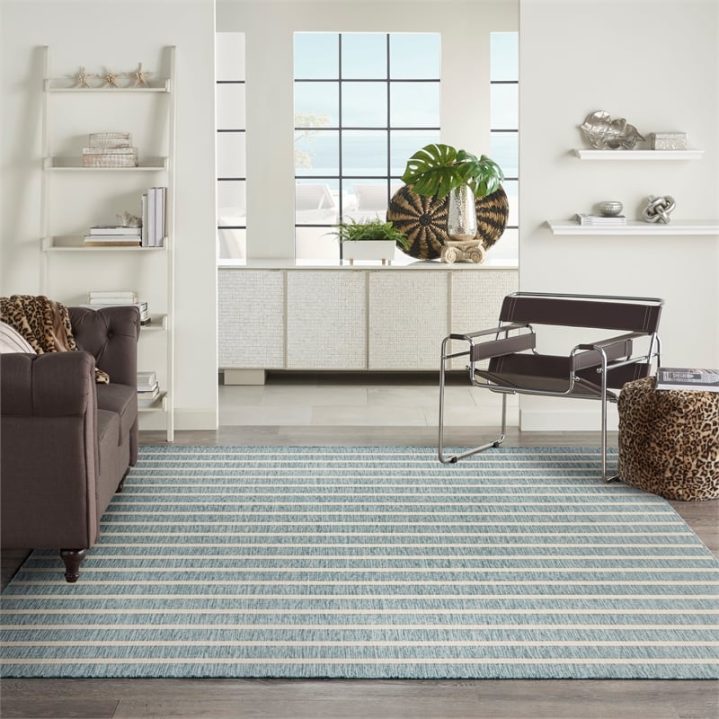 Pemberly Row Modern / Contemporary 9'x12' Fabric Aqua Ivory Area Rug
