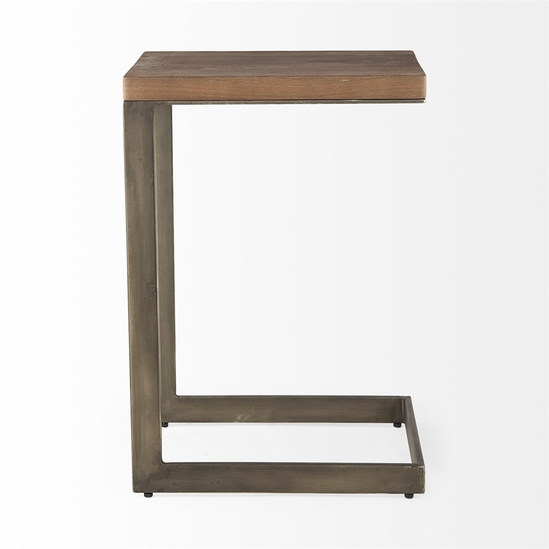 Pemberly Row Medium Brown Wood Antique Nickel Finished Metal Base C Side Table