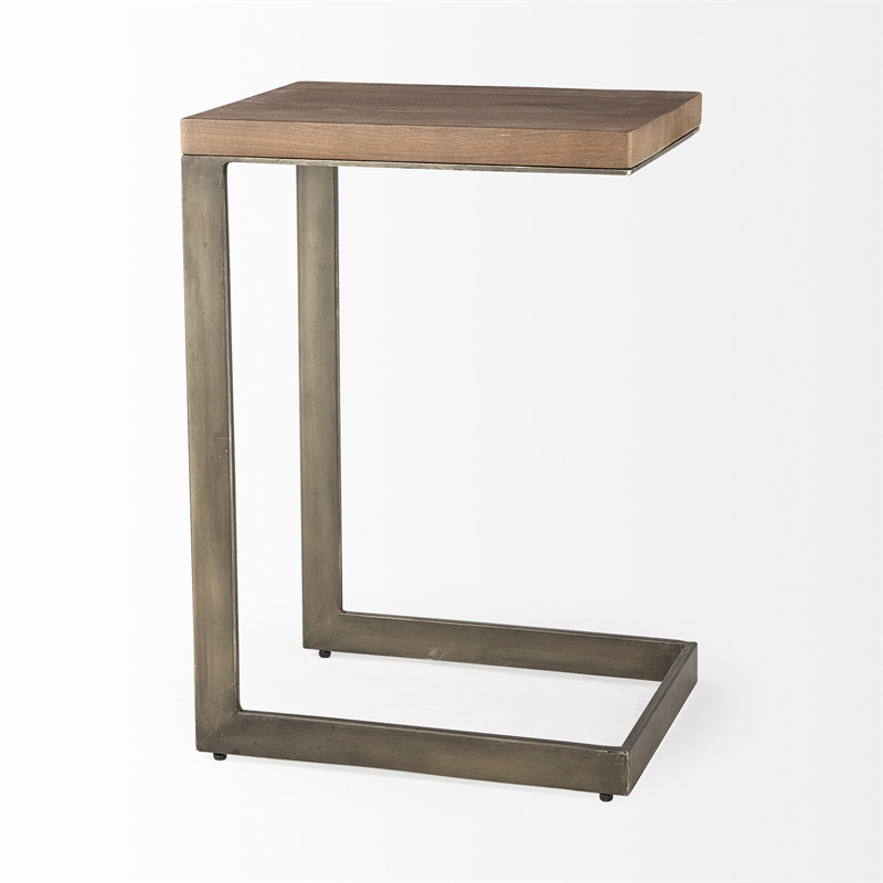Pemberly Row Medium Brown Wood Antique Nickel Finished Metal Base C Side Table