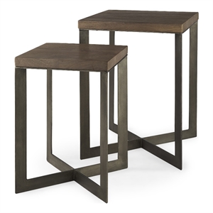Pemberly Row Set of 2 Medium Brown Wood with Metal Base Accent Tables