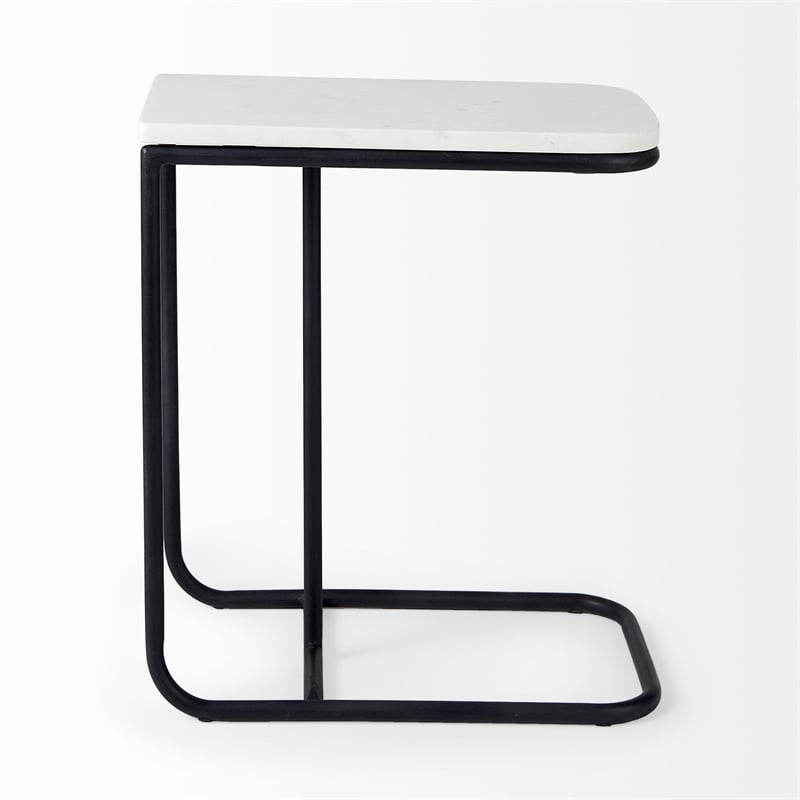 Pemberly Row White Marble Top Black Iron Frame C-Shaped Side Table
