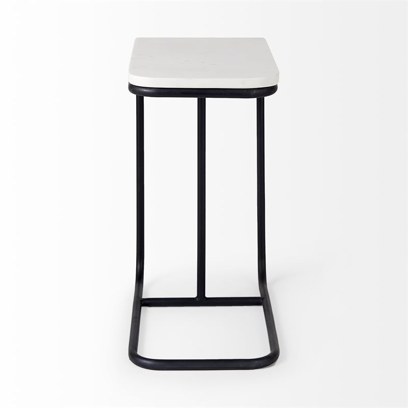 Pemberly Row White Marble Top Black Iron Frame C-Shaped Side Table