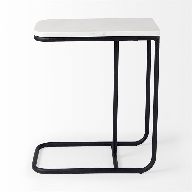 Pemberly Row White Marble Top Black Iron Frame C-Shaped Side Table