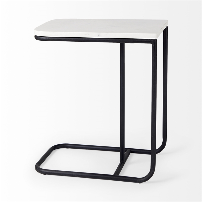 Pemberly Row White Marble Top Black Iron Frame C-Shaped Side Table