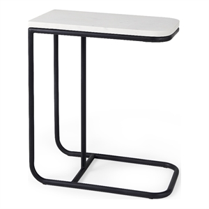 Pemberly Row White Marble Top Black Iron Frame C-Shaped Side Table