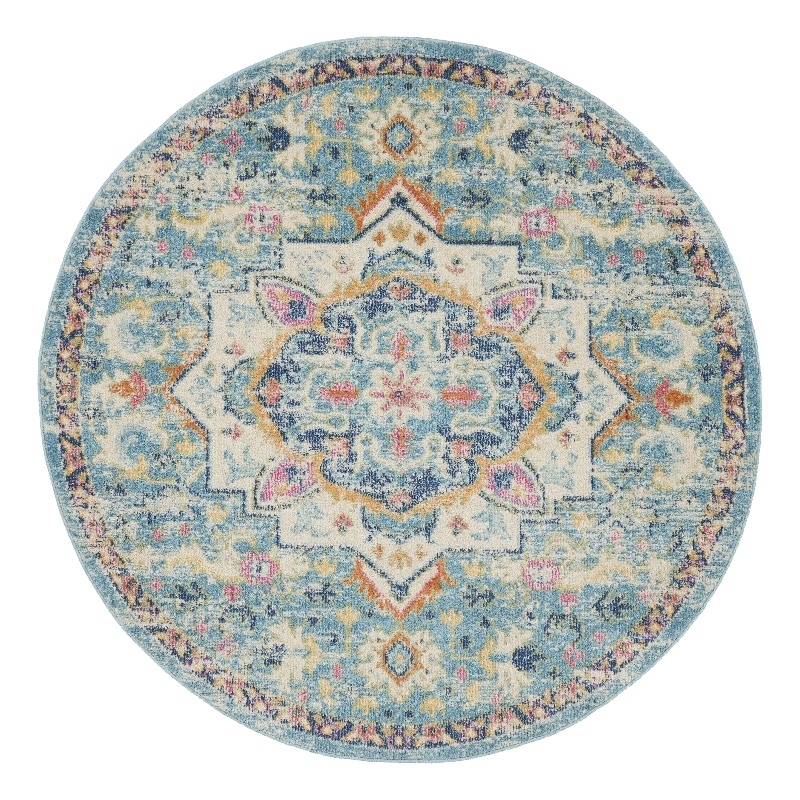 Pemberly Row 4' Round Ivory/Light Blue Bohemian Indoor Polypropylene Rug