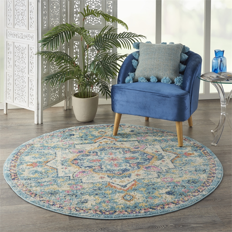 Pemberly Row 4' Round Ivory/Light Blue Bohemian Indoor Polypropylene Rug