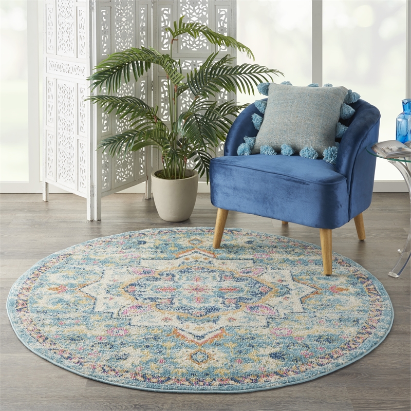 Pemberly Row 4' Round Ivory/Light Blue Bohemian Indoor Polypropylene Rug
