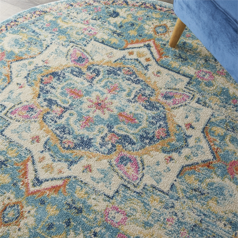Pemberly Row 4' Round Ivory/Light Blue Bohemian Indoor Polypropylene Rug