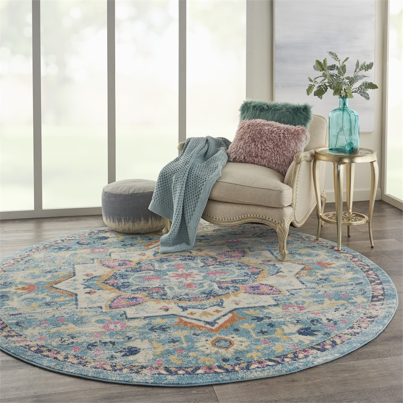 Pemberly Row 8' Round Ivory/Light Blue Bohemian Indoor Polypropylene Rug