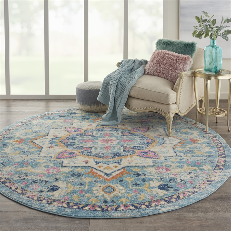 Pemberly Row 8' Round Ivory/Light Blue Bohemian Indoor Polypropylene Rug