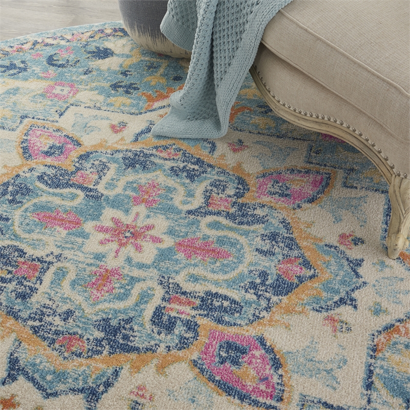 Pemberly Row 8' Round Ivory/Light Blue Bohemian Indoor Polypropylene Rug