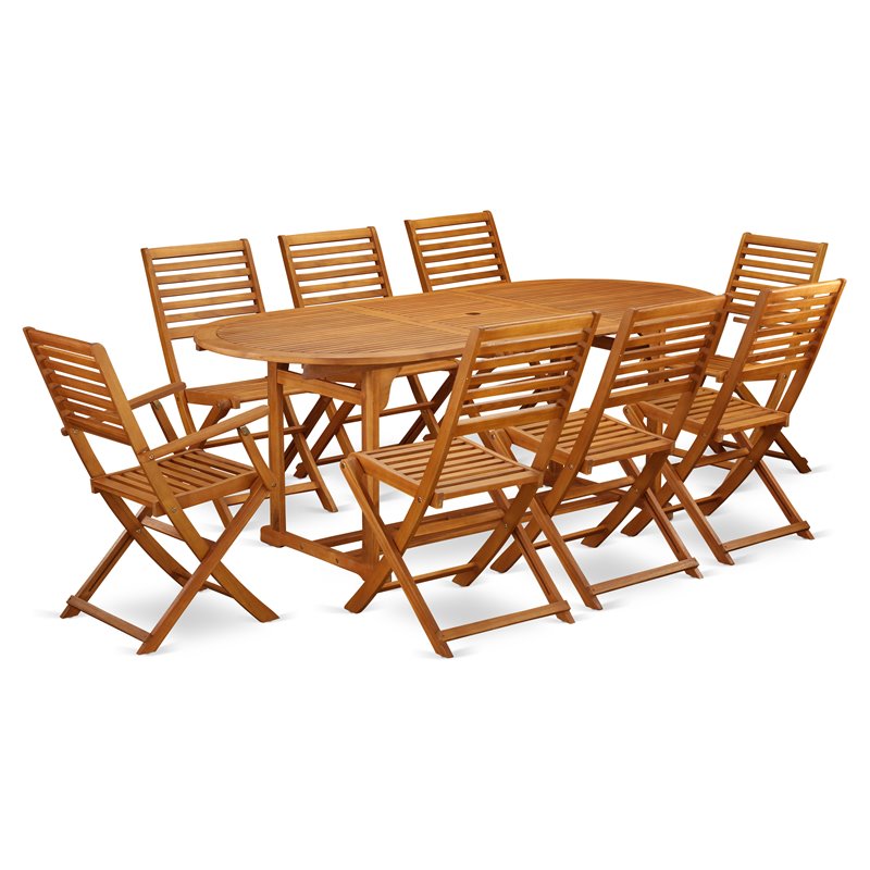 Pemberly Row Traditional 9-piece Wood Patio Dining Set in Natural Oil