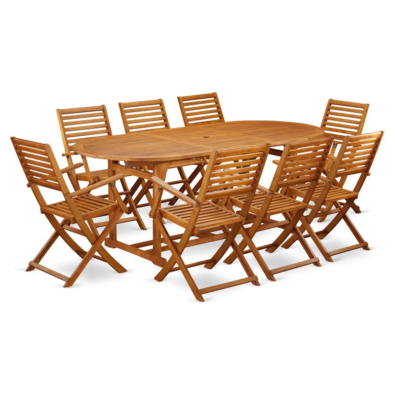 Pemberly Row 9-piece Wood Outside Patio Dining Set in Natural Oil