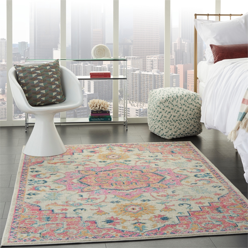 Pemberly Row Transitional 7'x10' Ivory Pink Fabric Bohemian Area Rug