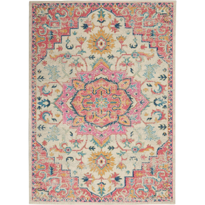 Pemberly Row Transitional 7'x10' Ivory Pink Fabric Bohemian Area Rug