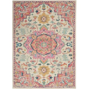 Pemberly Row Transitional 7'x10' Ivory Pink Fabric Bohemian Area Rug