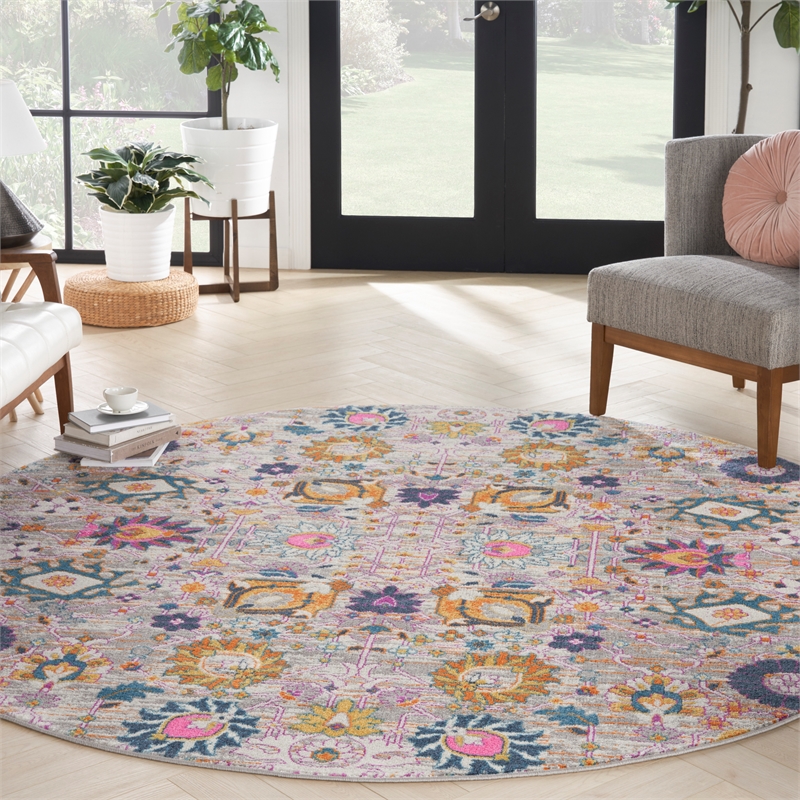 Pemberly Row 8' Round Pink and Gray Fabric Bohemian Area Rug