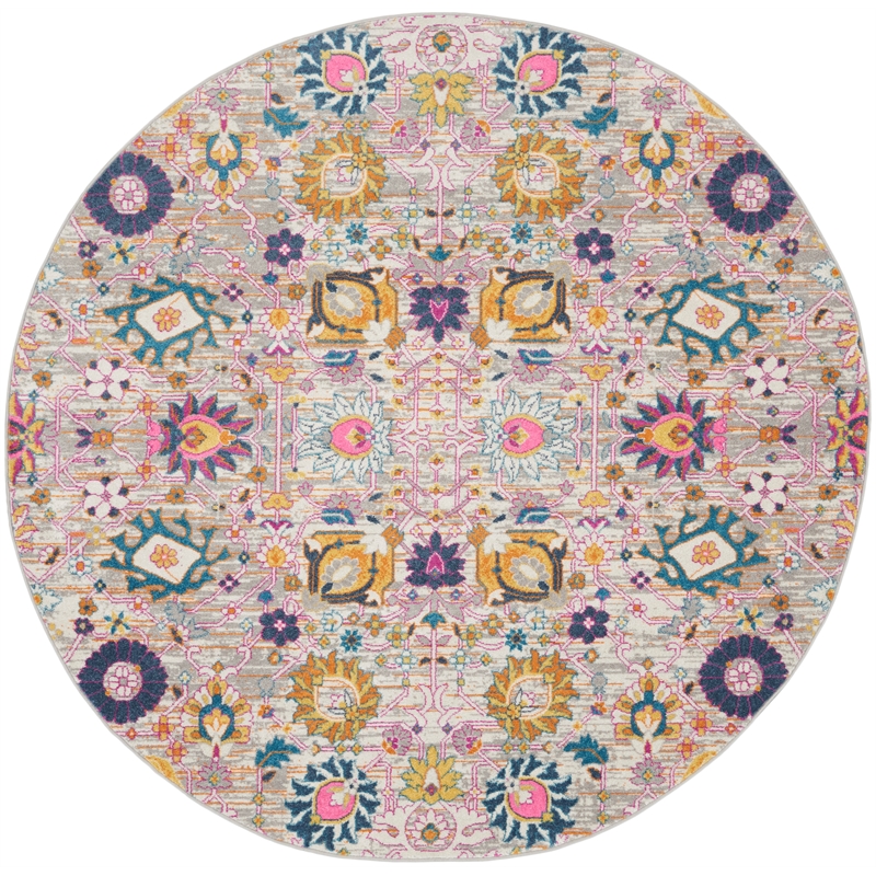 Pemberly Row 8' Round Pink and Gray Fabric Bohemian Area Rug
