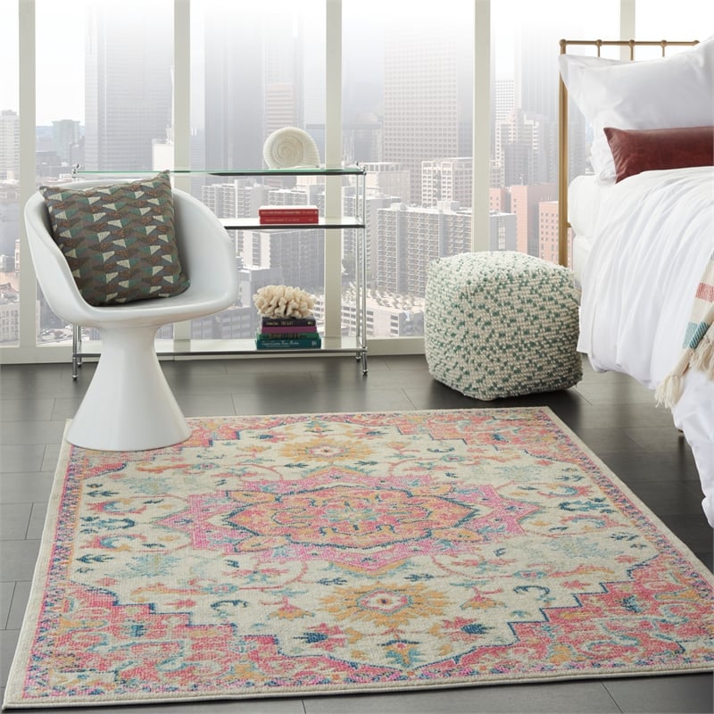 Pemberly Row Transitional 4'x6' Ivory Pink Fabric Bohemian Area Rug