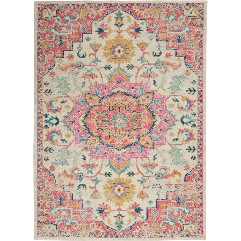 Pemberly Row Transitional 4'x6' Ivory Pink Fabric Bohemian Area Rug