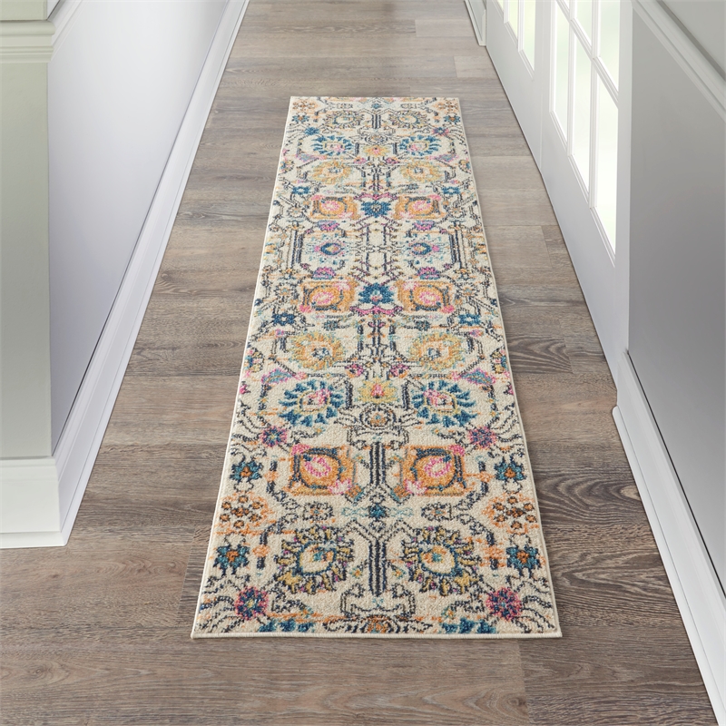 Pemberly Row 8' Runner Ivory Multicolor Fabric Bohemian Area Rug
