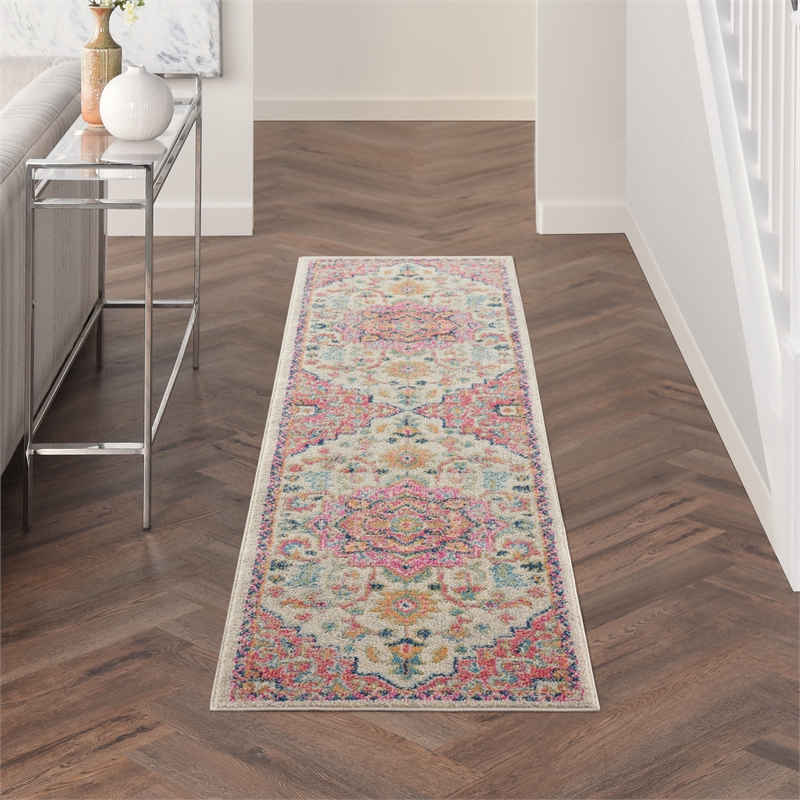 Pemberly Row Transitional 8' Runner Ivory Pink Fabric Bohemian Area Rug