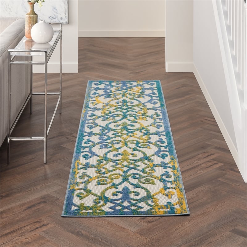 Pemberly Row Contemporary 2'x 6' Ivory Blue Indoor/Outdoor Rug