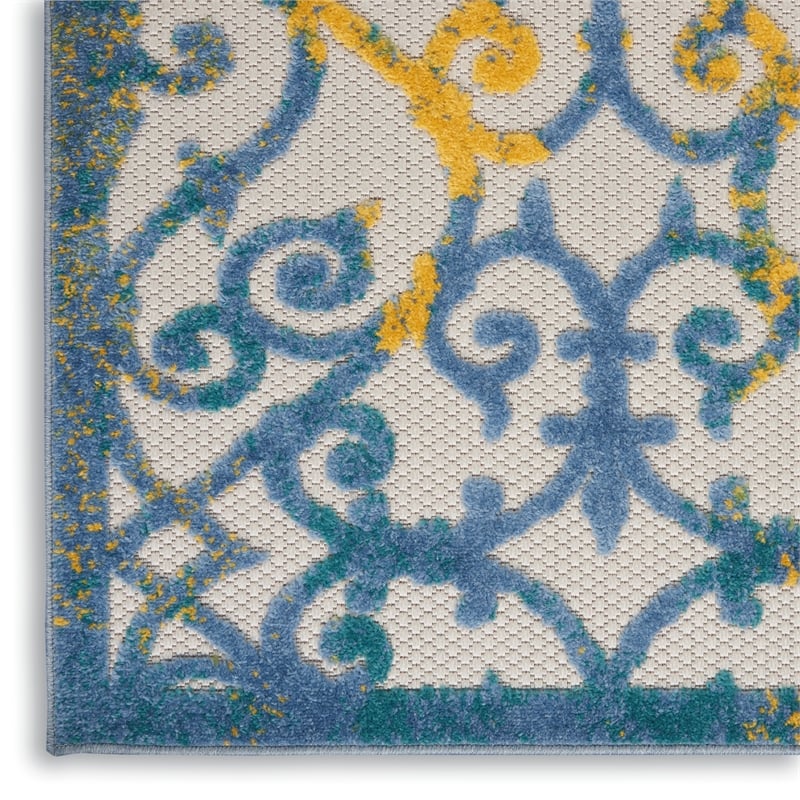 Pemberly Row Contemporary 2'x 6' Ivory Blue Indoor/Outdoor Rug