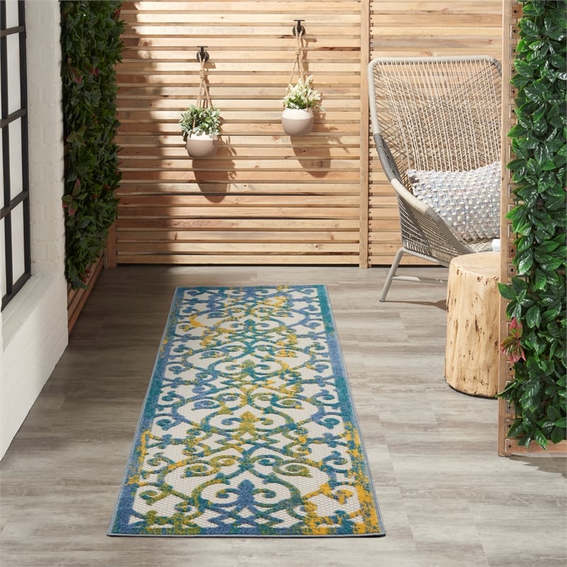 Pemberly Row Contemporary 2'x 6' Ivory Blue Indoor/Outdoor Rug