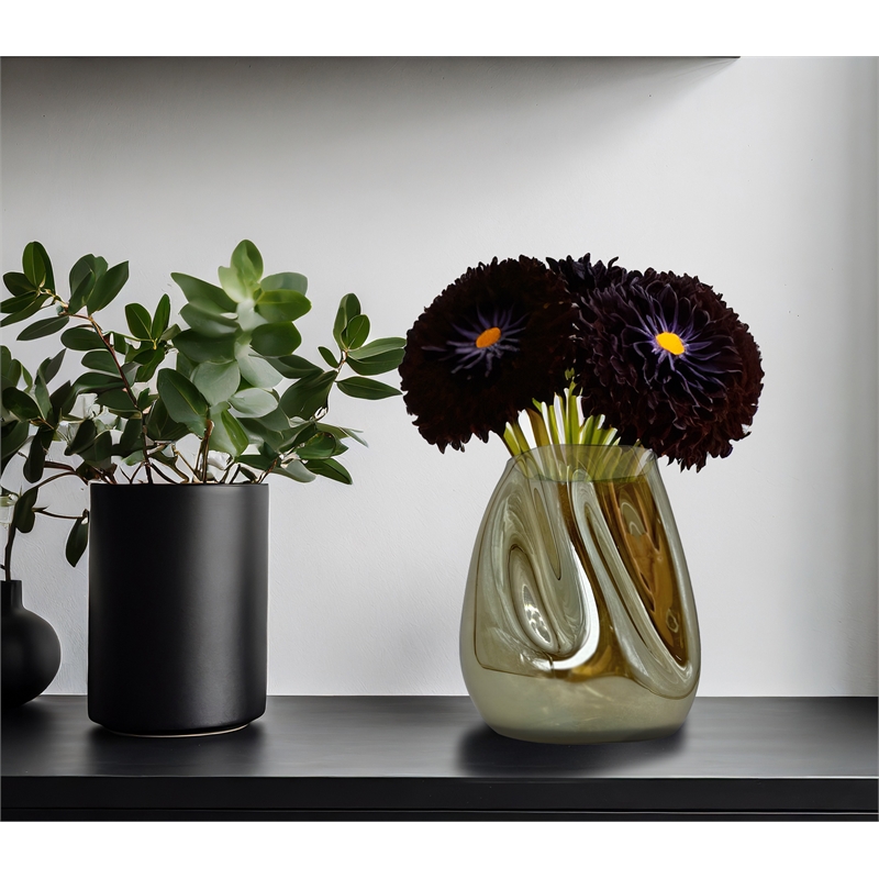 Pemberly Row 10-inch Tall Decorative Handmade Glass Modern Flower Vase in Gold