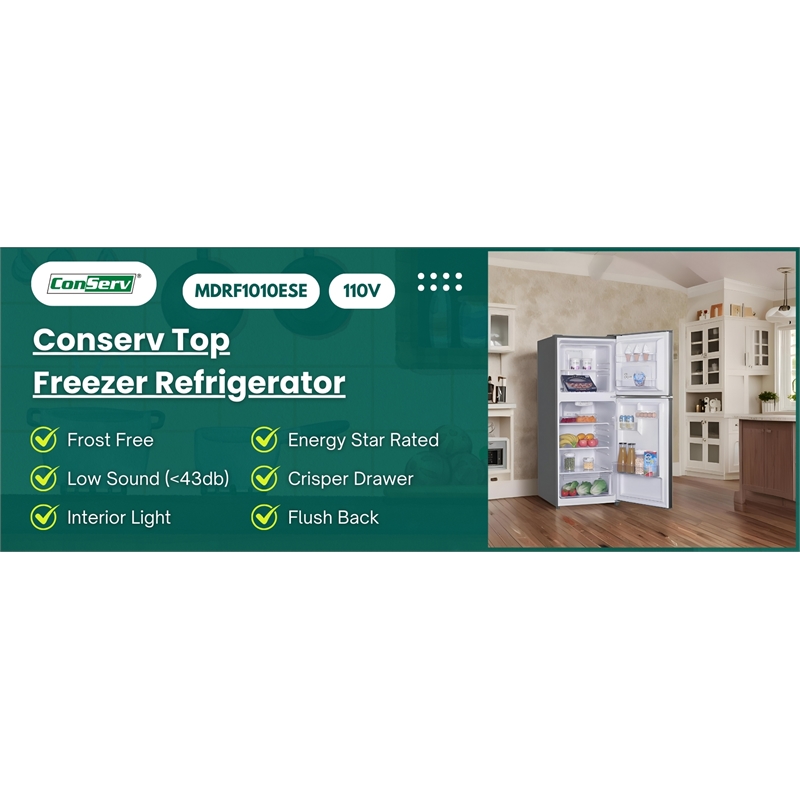Pemberly Row 10cf Top Freezer Refrigerator 24in Frost Free Quiet 43dB 110V