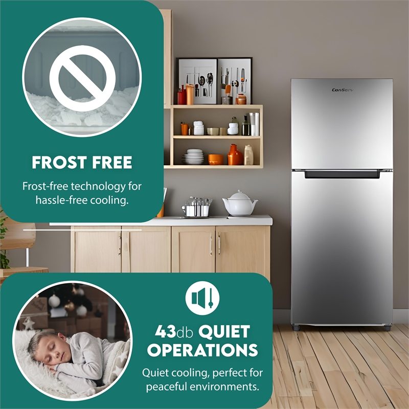 Pemberly Row 10cf Top Freezer Refrigerator 24in Frost Free Quiet 43dB 110V